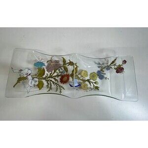 Vintage Dorothy Thorpe Signed Divided Floral Medium Glass Serving‎ Tray MCM
